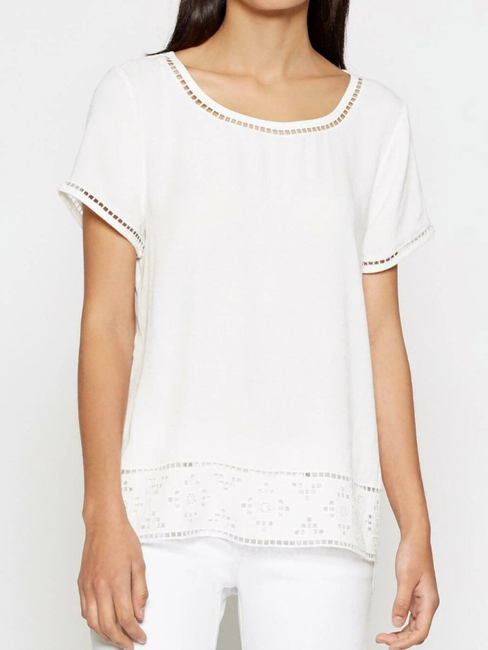 Joie Kadence Top White Short Sleeve Crew Neck Eyelet Cutwork Trim L